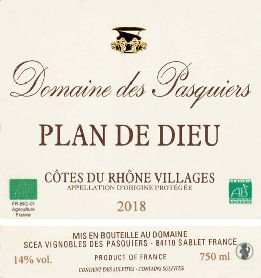 étiquette domaine des pasquiers plan de dieu 2018